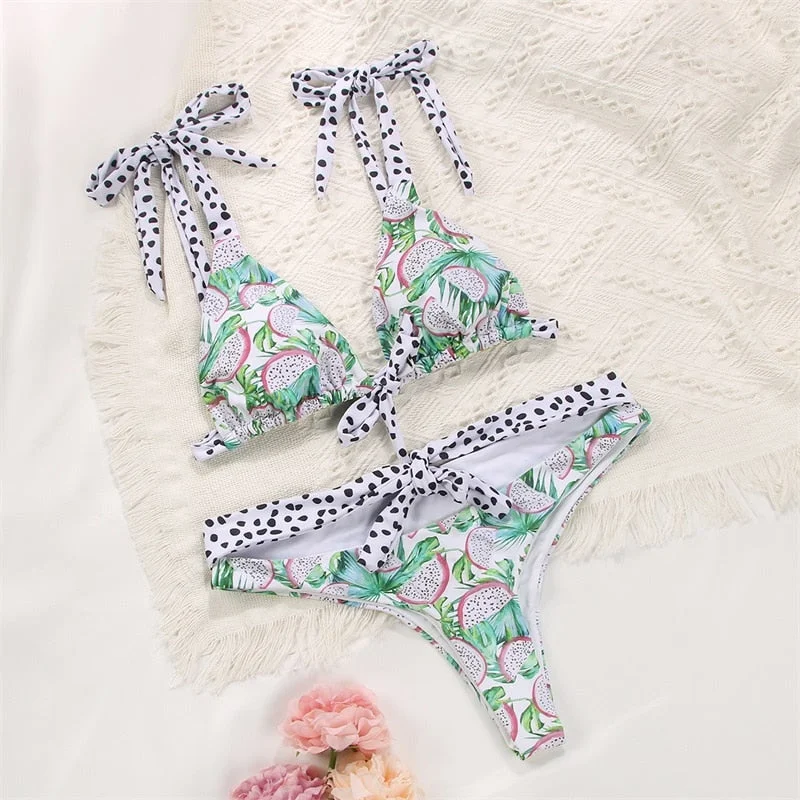 2022 Bikinis Micro Thong Bandage Adjustable Swimsuti Sexy Swimwear Women Summer Bikini Set Floral Print Biquini Beach Wear
