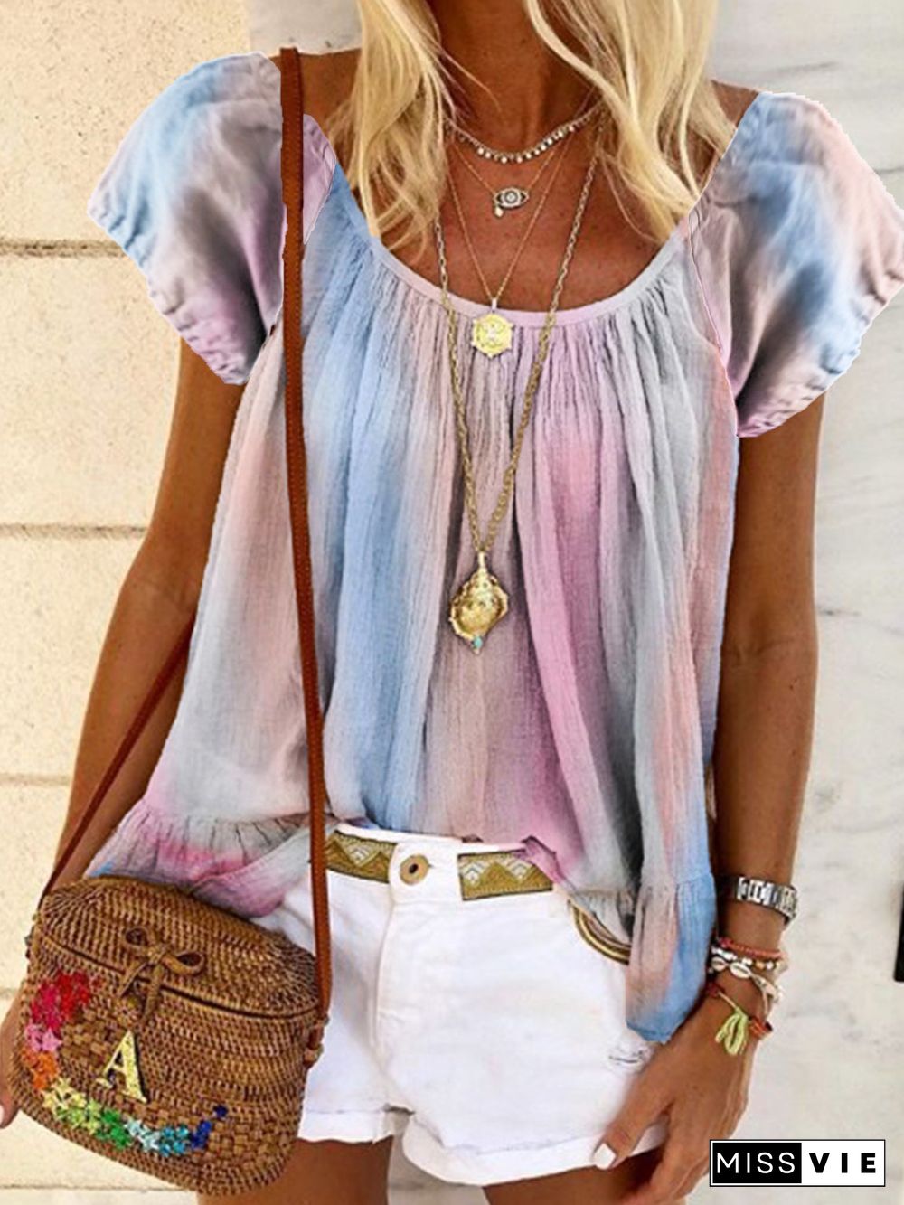 Short Sleeve Cotton-Blend Ombre/tie-Dye Tops
