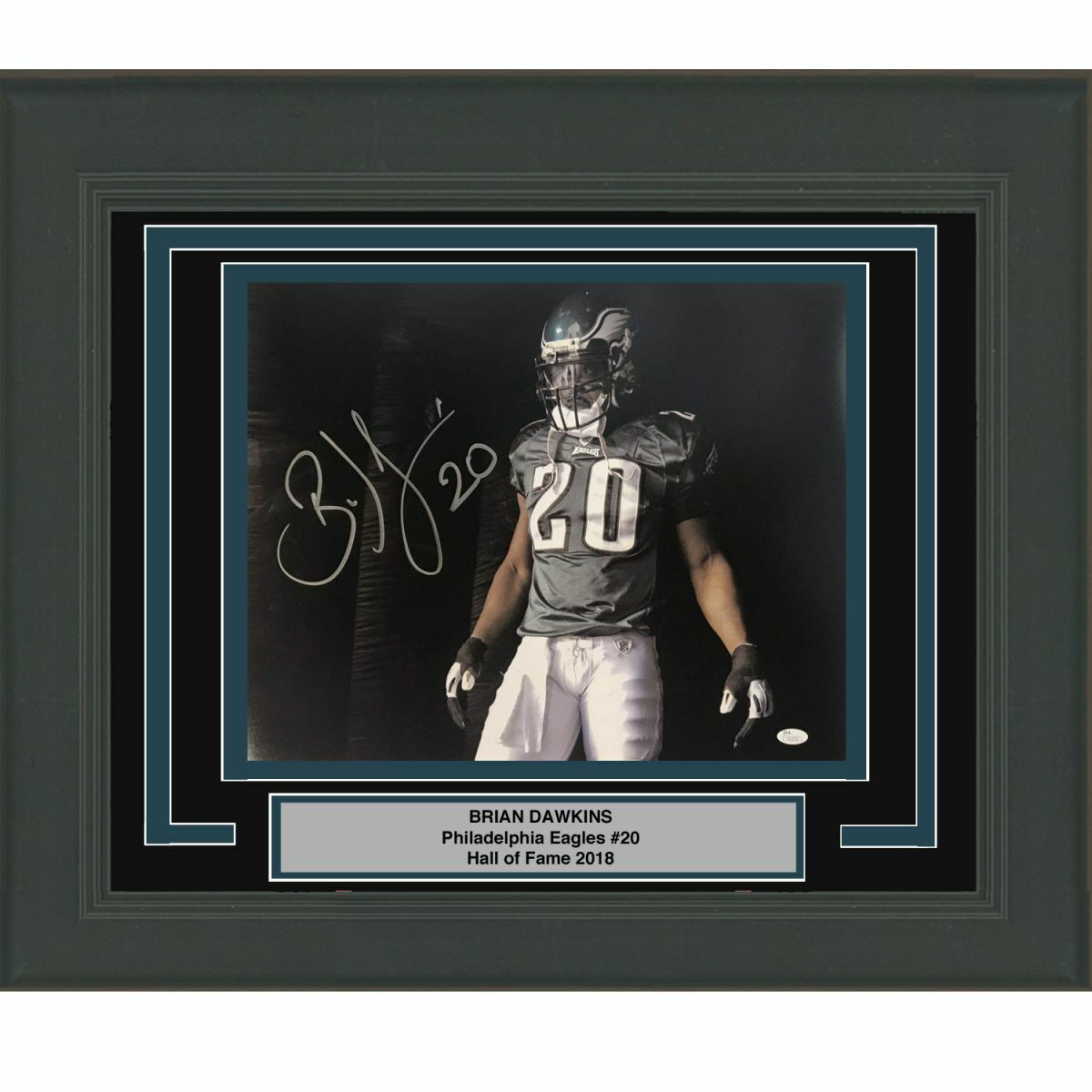 FRAMED Autographed/Signed BRIAN DAWKINS Visor Eagles 16x20 Photo Poster painting JSA COA Auto