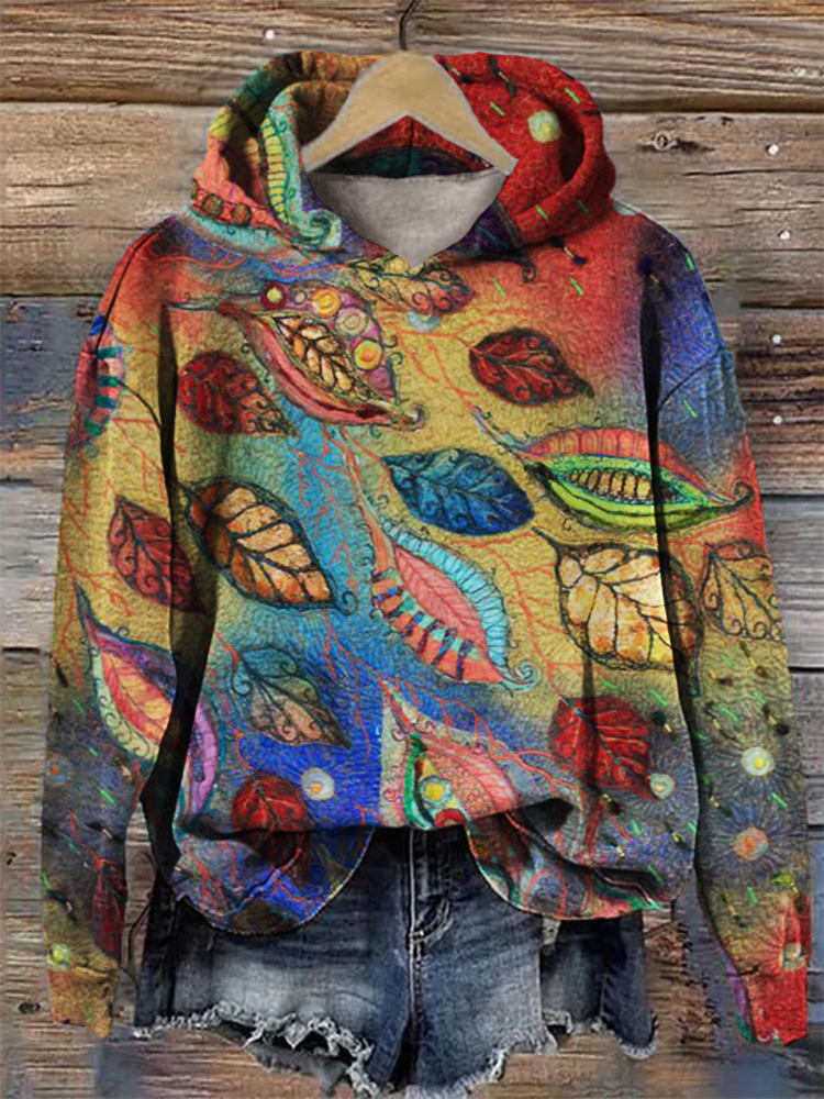 Colorful Leaves Fiber Art Cozy Hoodie  artssus