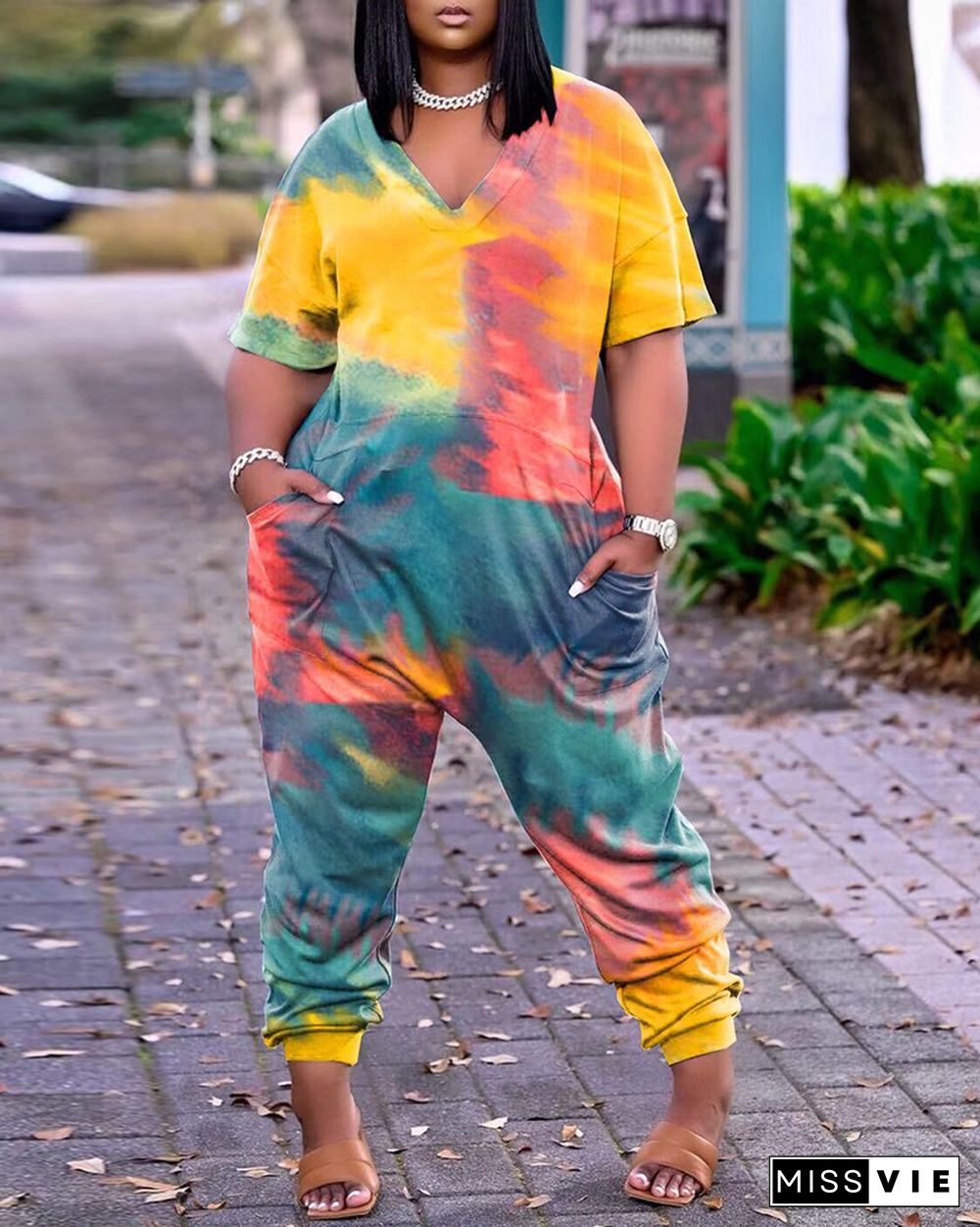 Tie Dye Print Pocket Design Short Sleeve Jumpsuit