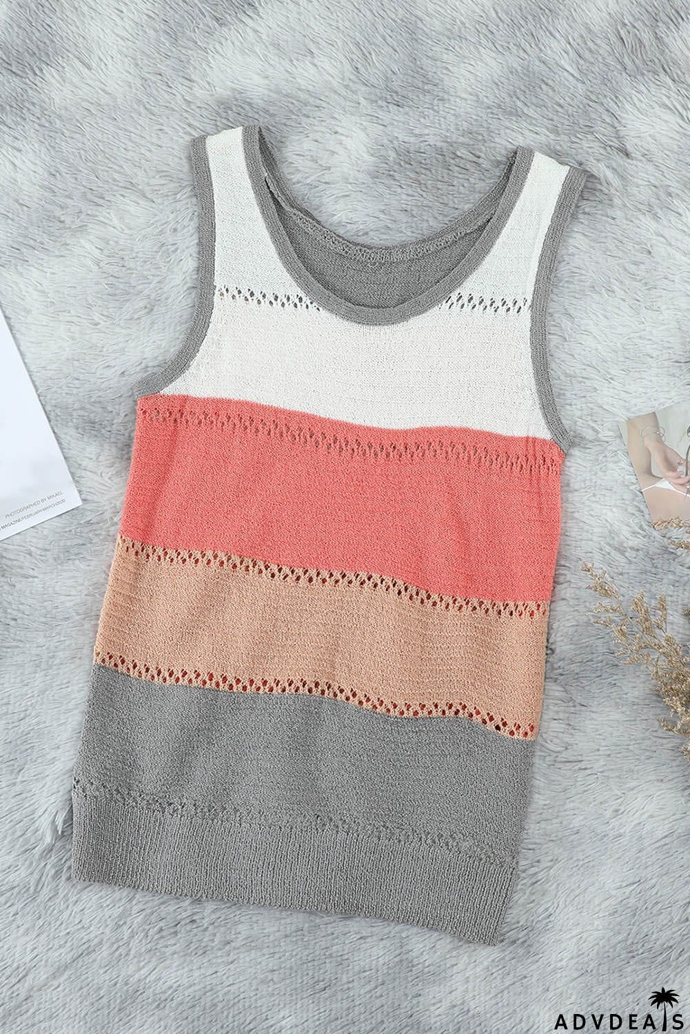 Summer Multicolor Color Block Round Neck Knitted Tank Top