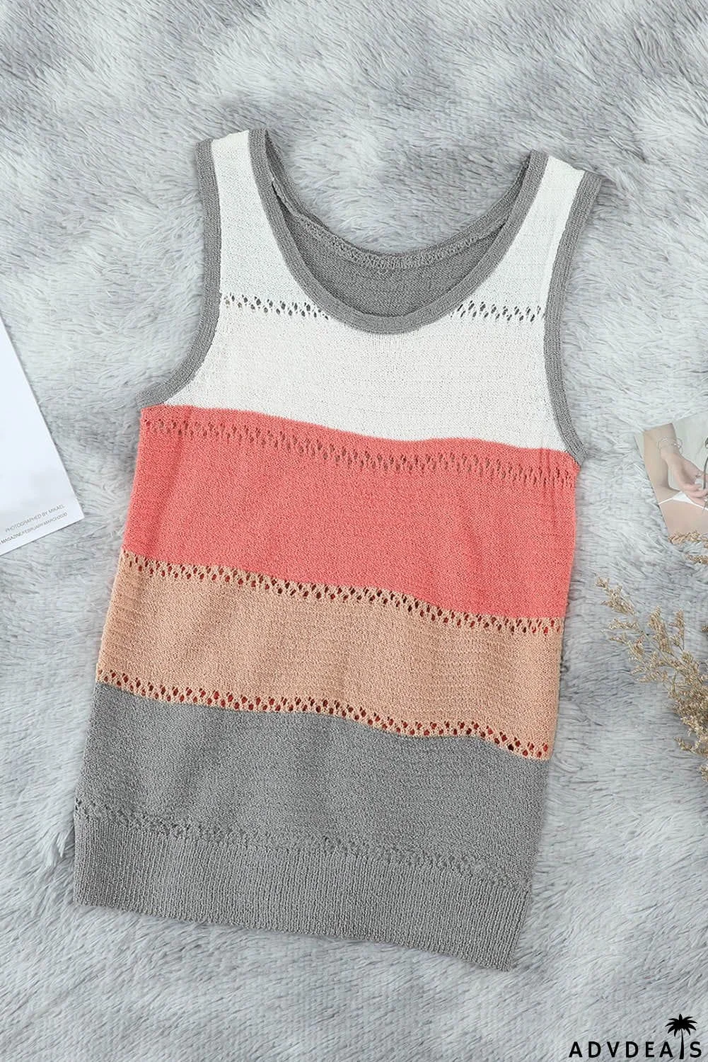 Summer Multicolor Color Block Round Neck Knitted Tank Top