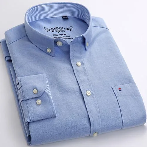 Mens Long Sleeve Solid Oxford Dress Shirt with Left Chest Pocket High-Quality Male Casual Regular-Fit Tops