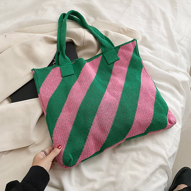Literary casual knitted bag fashion contrast color striped bag