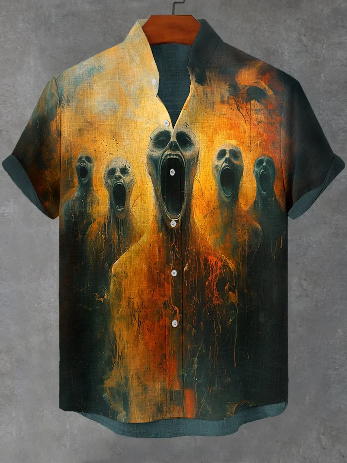 Men's Halloween Scream Demon Art Print Linen Blend Shirt
