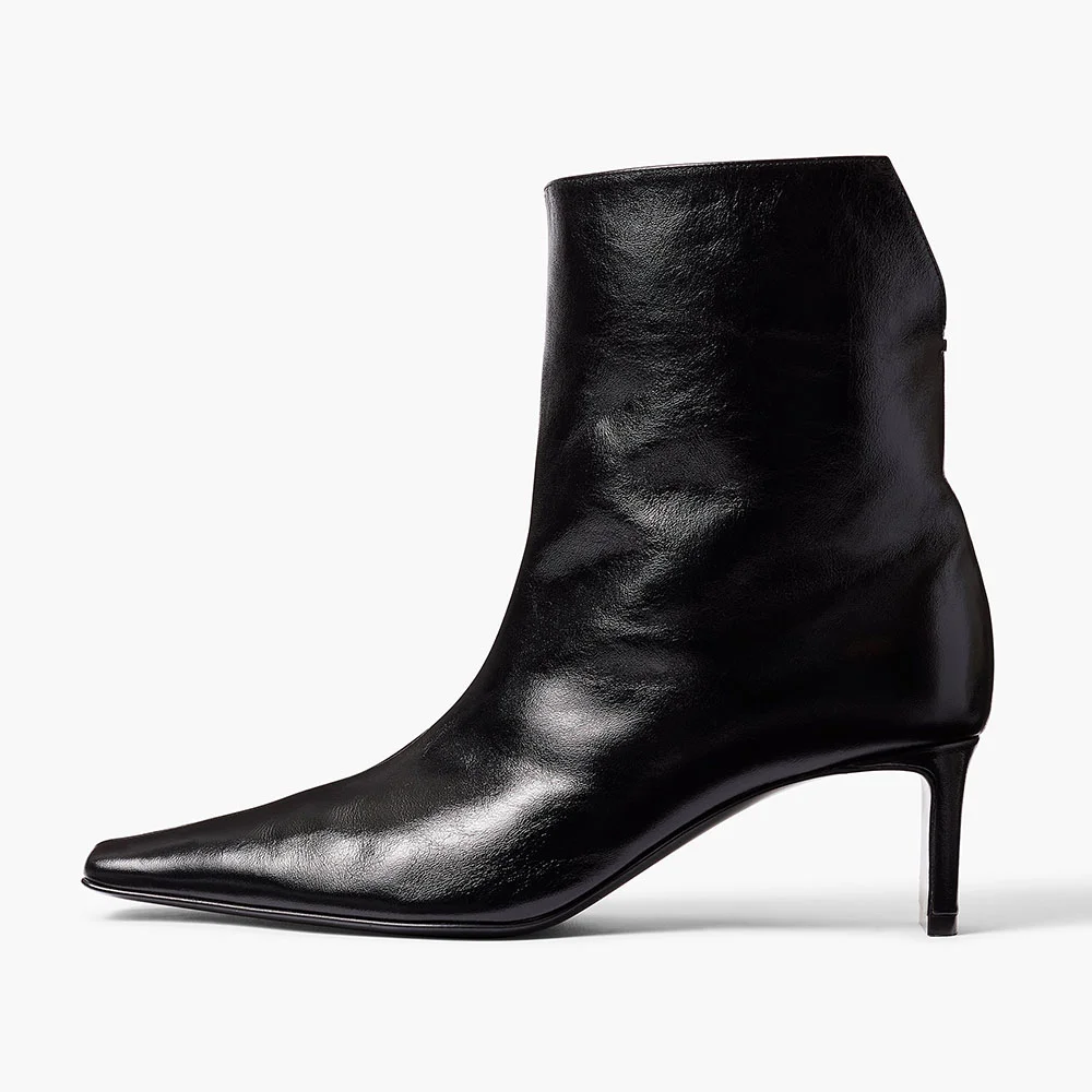 Black Pull-On Square Toe Ankle Boots for Women with Chunky Heel