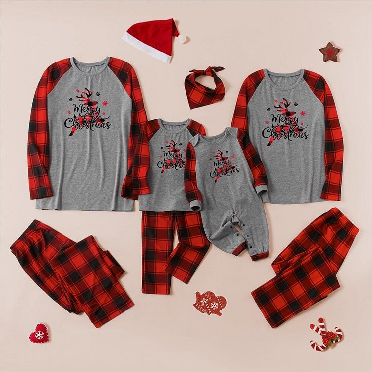 Christmas Plaid Elk Family Pajama Set(Grey)