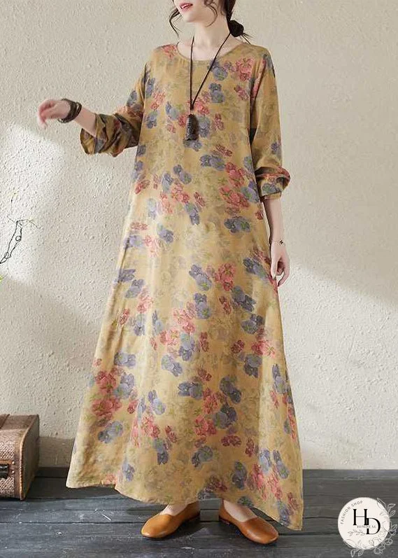 Organic Yellow Print Cozy Long Dresses Spring