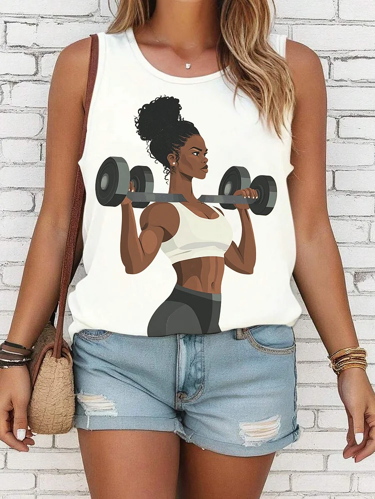 Women's Black Woman Weightlifting Print Casual Tank Top