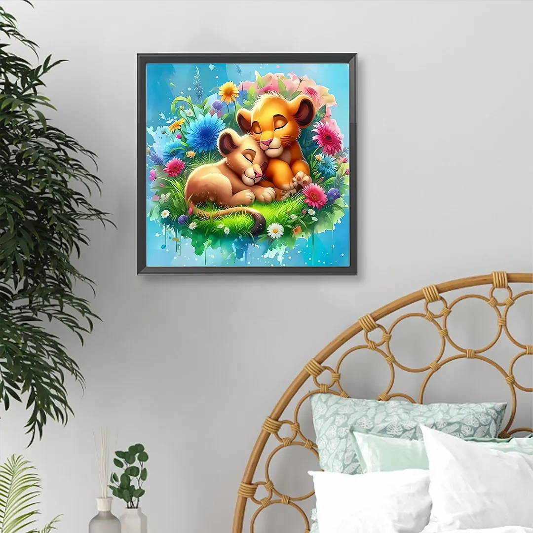 Cartoon Lions Full DIY 5D Round Drill Diamond Paintings Picture Arts Craft for Adults/Beginners Gift Idea Home Wall Decor Diamond Crystal Rhinestones Painting Kits 11.7x11.7In