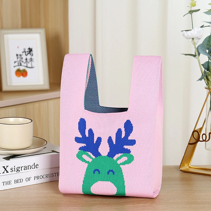 Christmas Unisex Polyester Animal Christmas Tree Santa Claus Cute Square Open Handbag Tote Bag