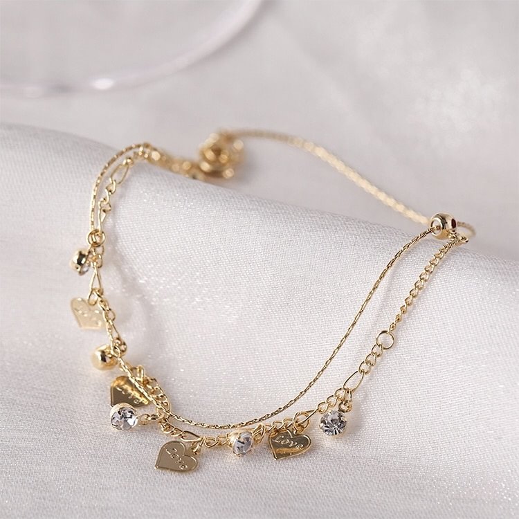 Double Layer Rhinestones Heart Anklet