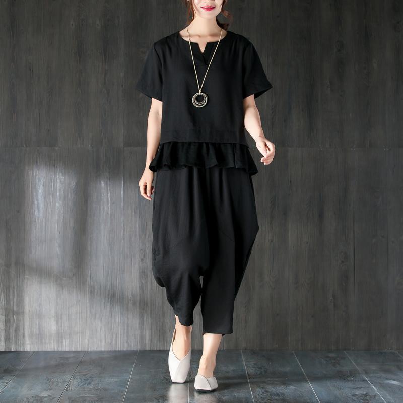 VCSHOES summer t shirt oversize Black Two Pieces Set Splicing Blouse Lantern Pants