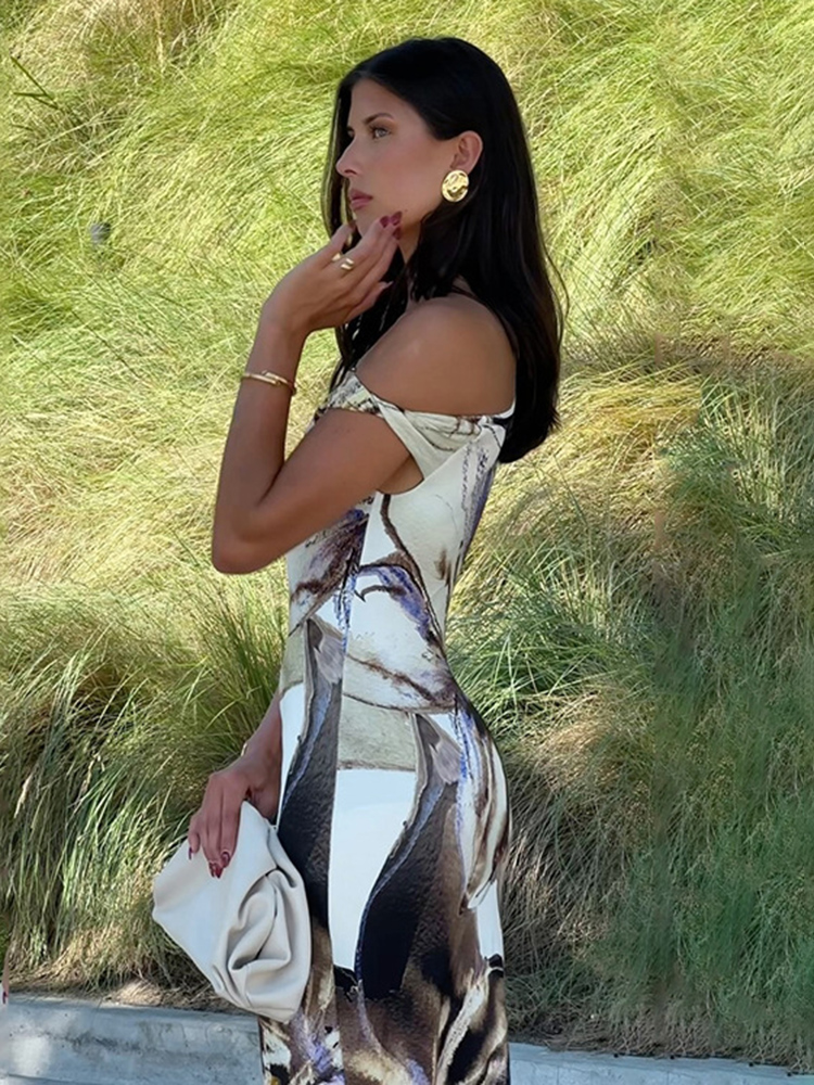 Ootddress Diagonal Collar Print Maxi Dress Women Slim Sexy Hip Wrap Sleeveless Summer Fashion Lady Beach Banquent Bodycon Long Dress