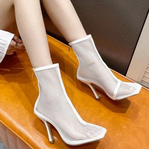 Fishnet mesh hollow square closed toe stiletto high heels summer booties