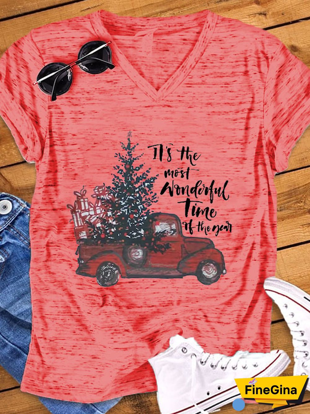 Women's Christmas Truck It's The Most Wonderful Time Of The Year Casual V-Neck Tee