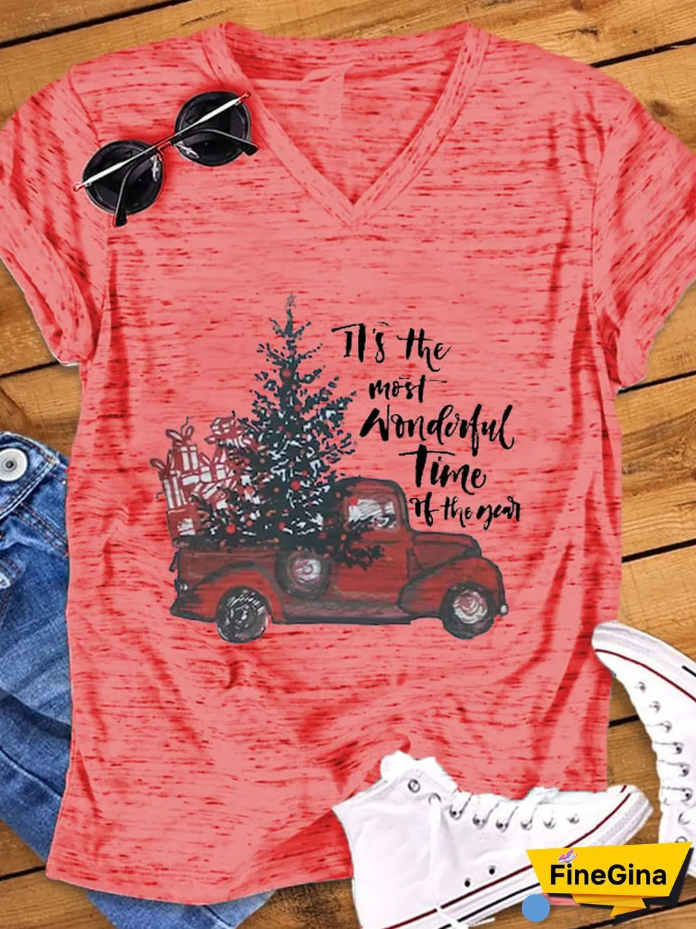 Women's Christmas Truck It's The Most Wonderful Time Of The Year Casual V-Neck Tee