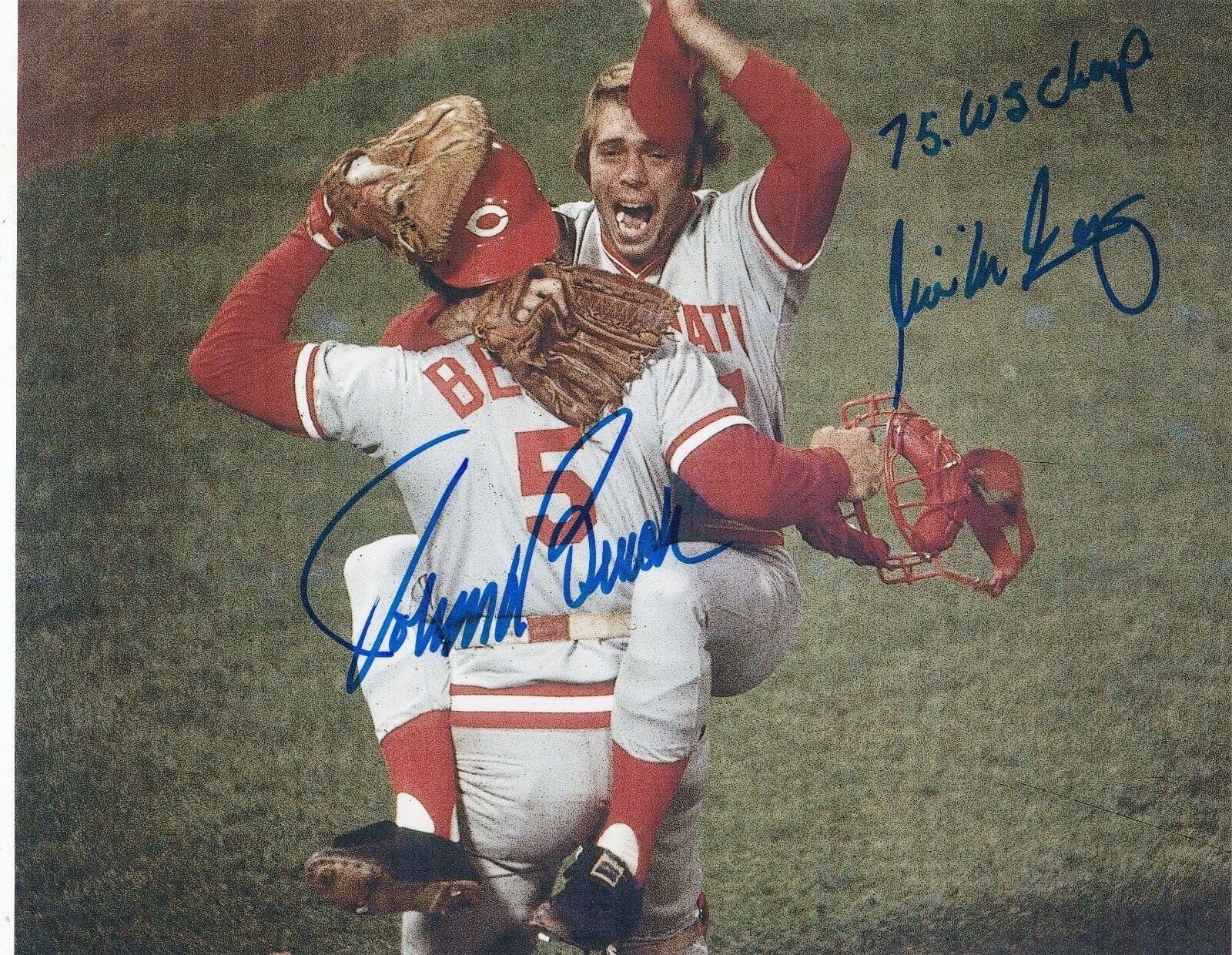 JOHNNY BENCH / WILL MCENANEY CINCINNATI REDS 75 WS CHAMPS ACTION SIGNED 8x10