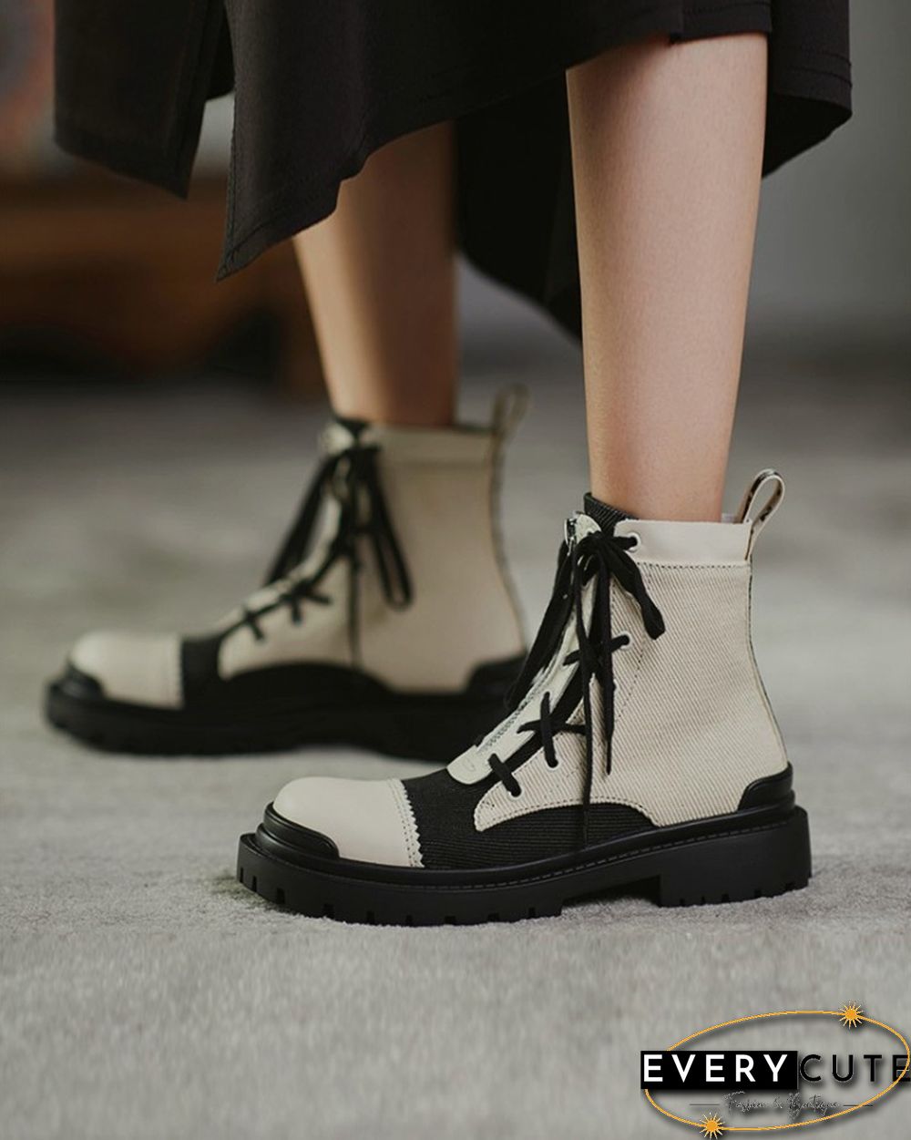 Color Patchwork Round-toe Lace-up Boots