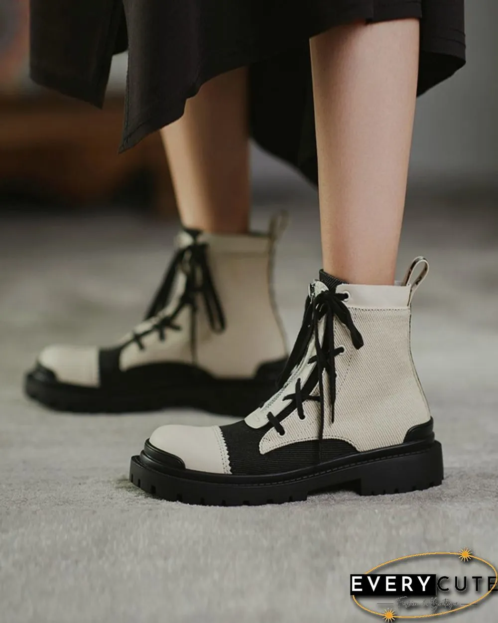 Color Patchwork Round-toe Lace-up Boots