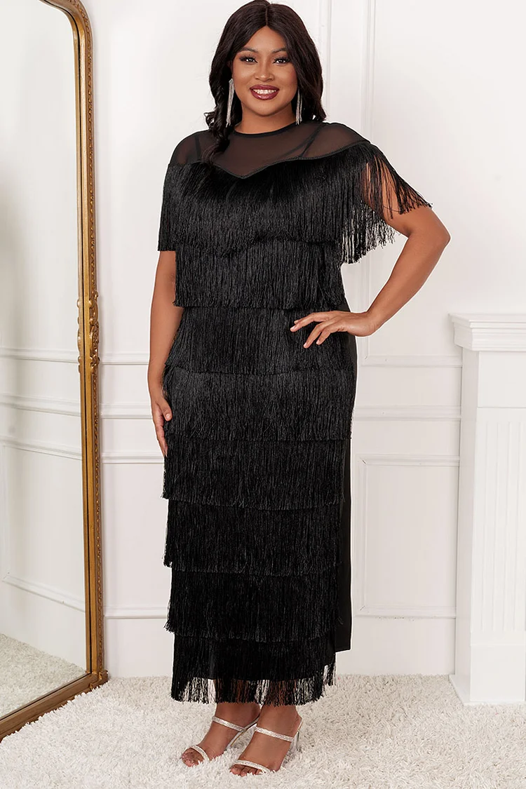 Xpluswear Design Plus Size Black See-through Fringe Split Maxi Dress