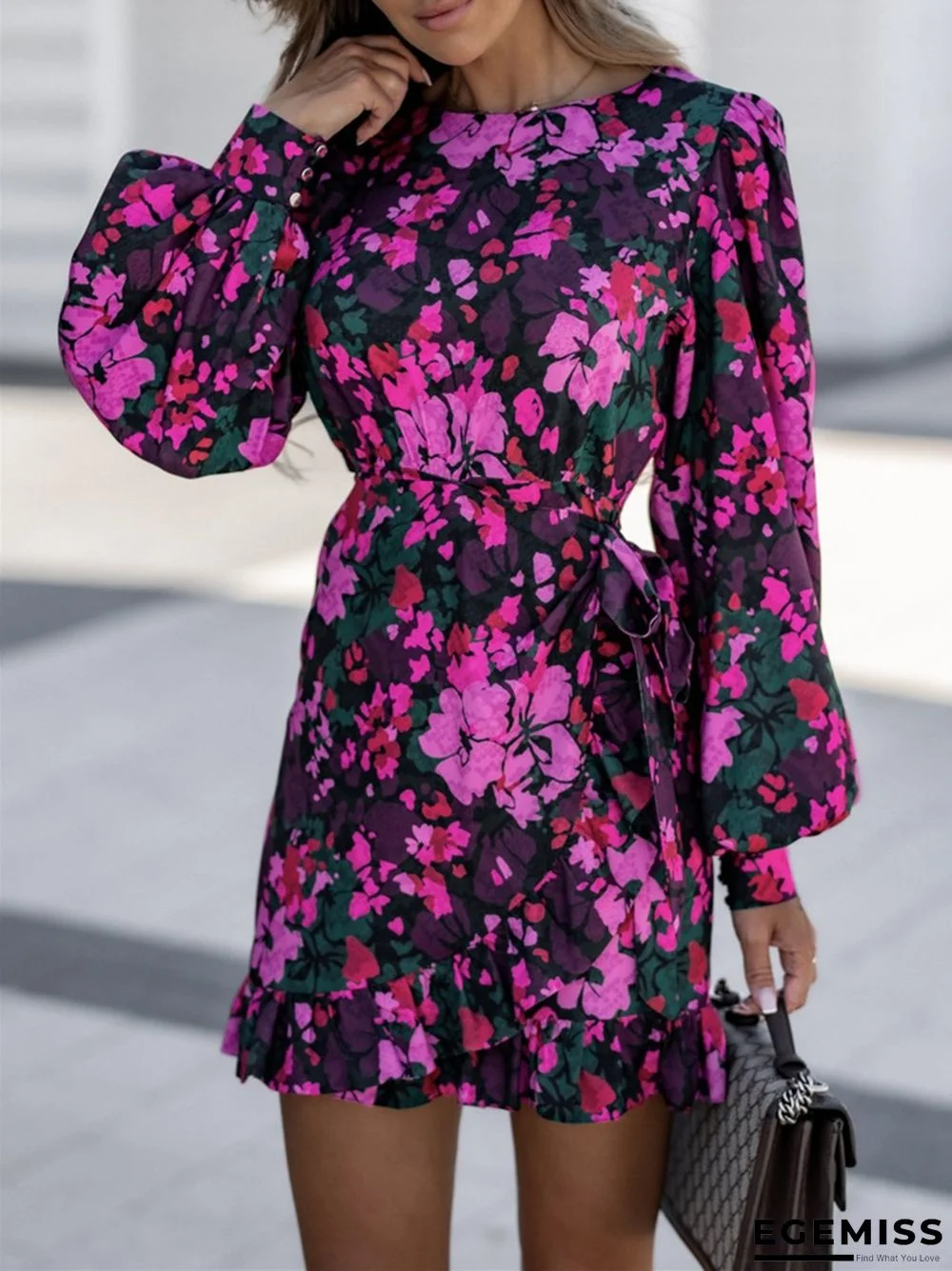 Fashion Sexy Round Neck Tie Waist Long Sleeve Dress | EGEMISS