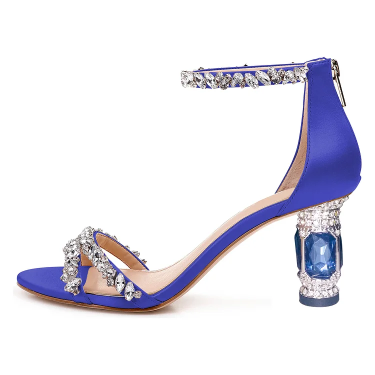 Royal Blue Rhinestone Ankle Strap Sandals with Chunky Heel Vdcoo