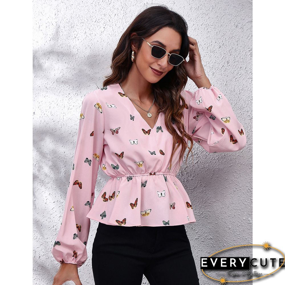 Pink Floral Print Slim Fit Lantern Sleeve Tops