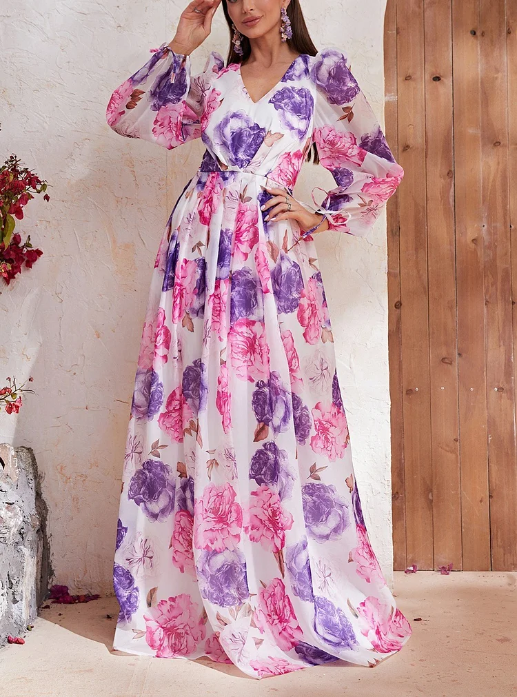 Women's Floral Pattern V Neck Bubble Long Sleeve Dress