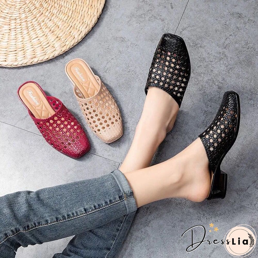 Beach Shoes Slippers,Soft Women Sandals,Hollow Out Summer Mid Heels,Korea Style Slides,Footwear,,,RED,Dropship