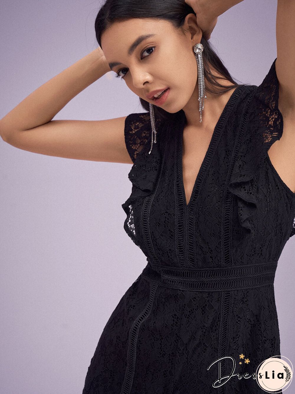 Lace Solid Ruffle Sleeve V-neck Romper For Women