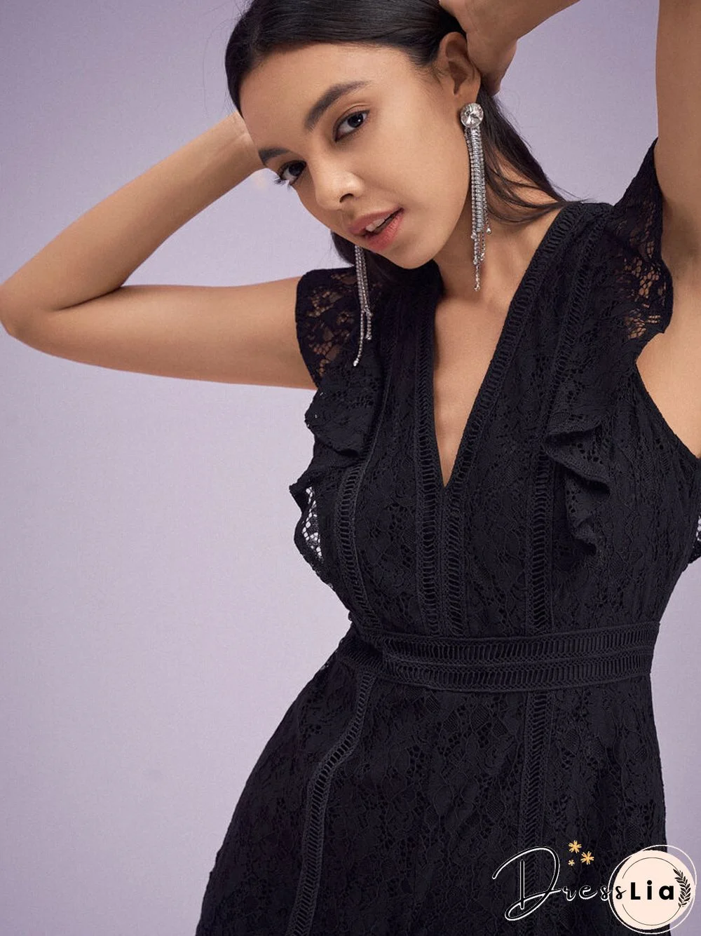 Lace Solid Ruffle Sleeve V-neck Romper For Women