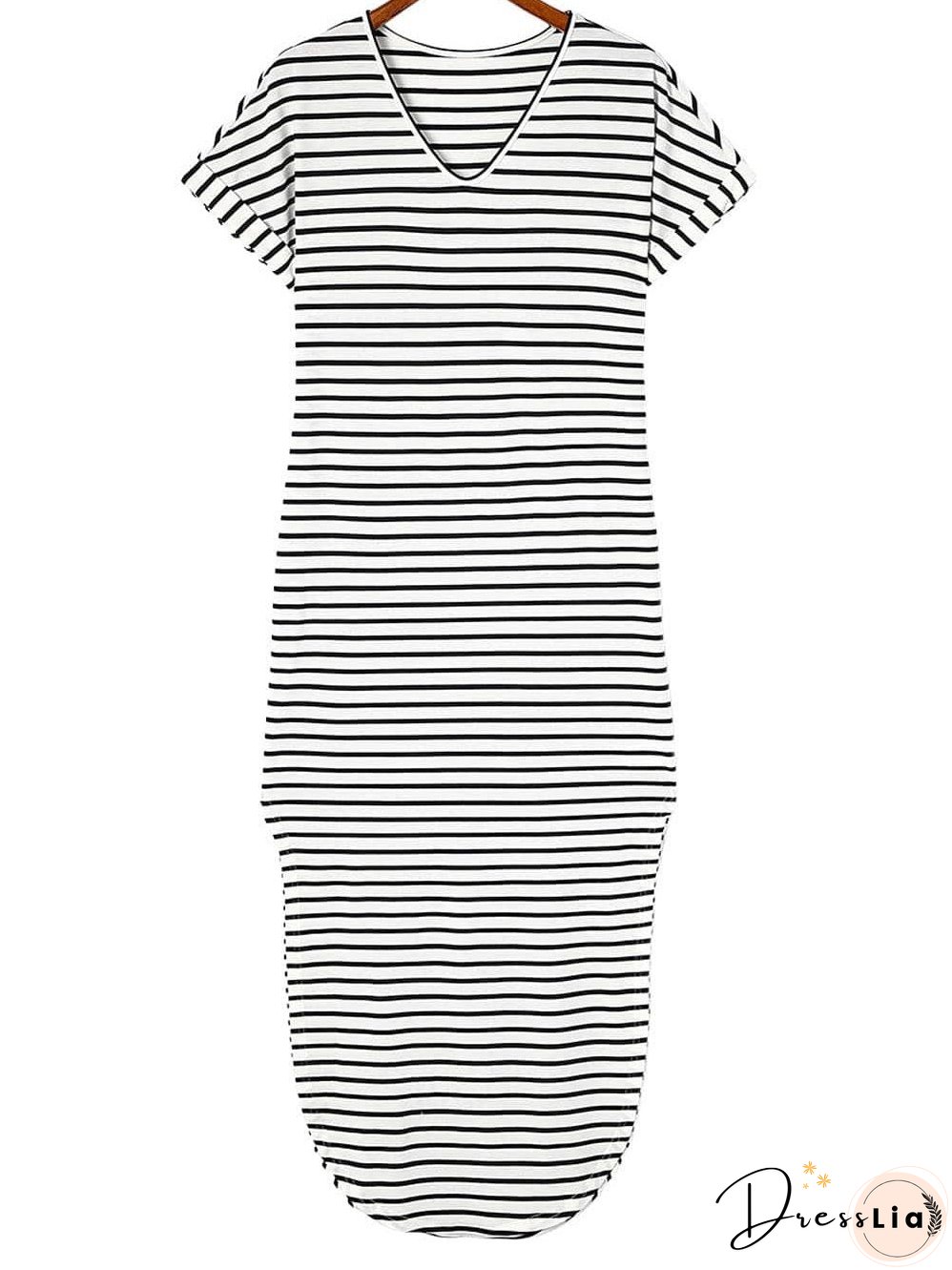 Chic Black V-Neck Striped Maxi Dress with Side Slits