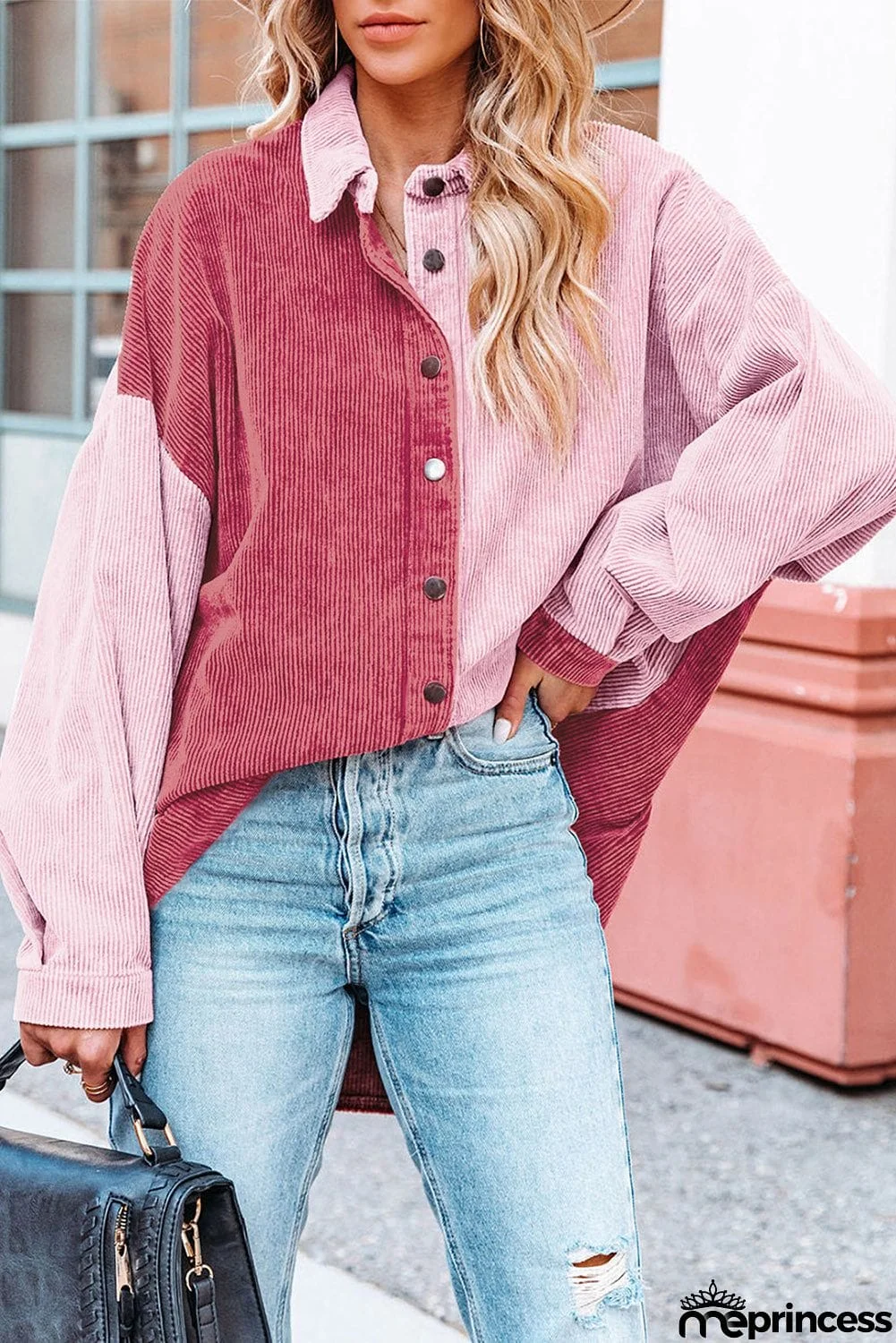 Drop Shoulder Colorblock Corduroy Shacket