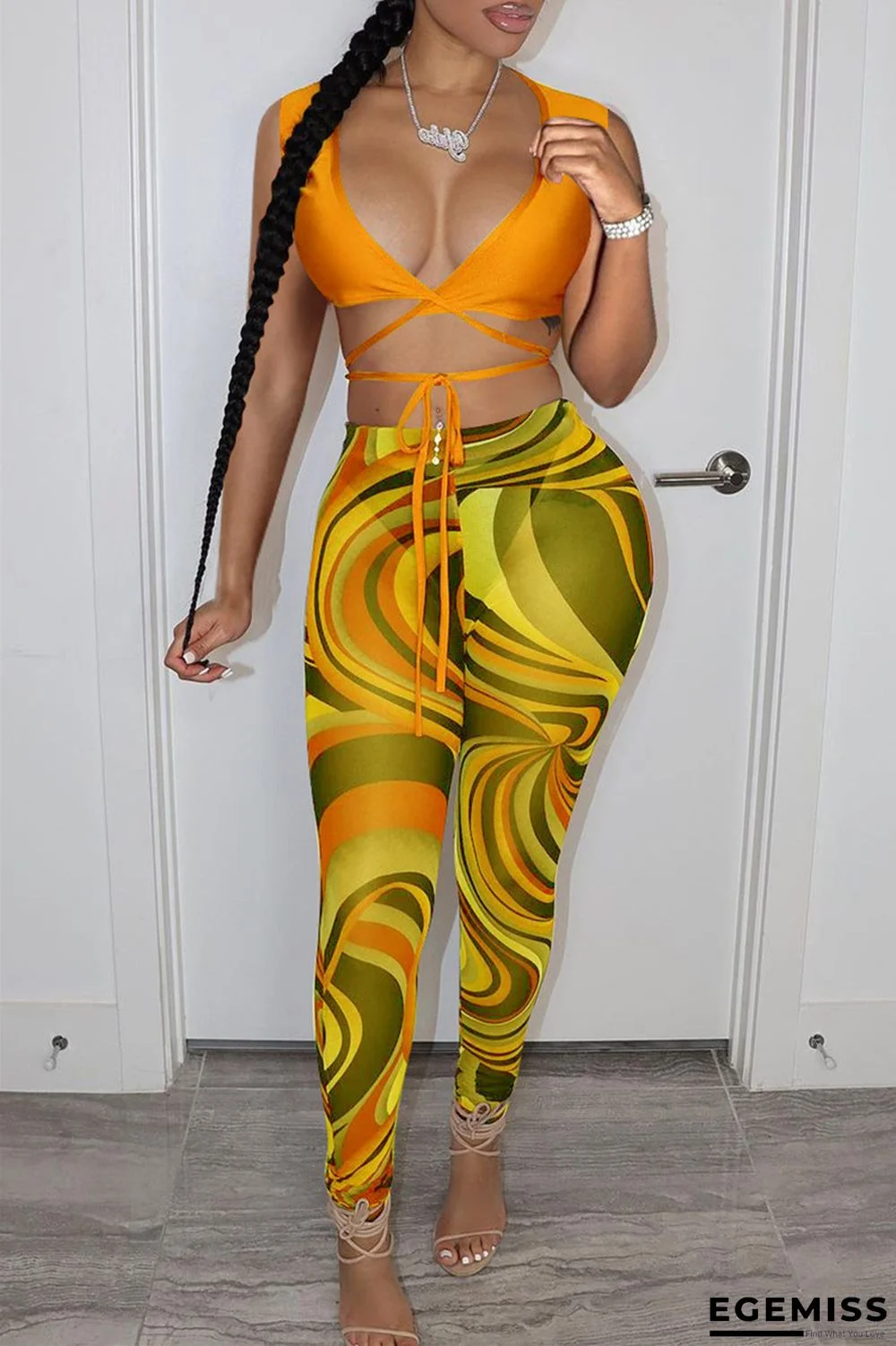 Yellow Fashion Sexy Print Bandage V Neck Sleeveless Two Pieces | EGEMISS