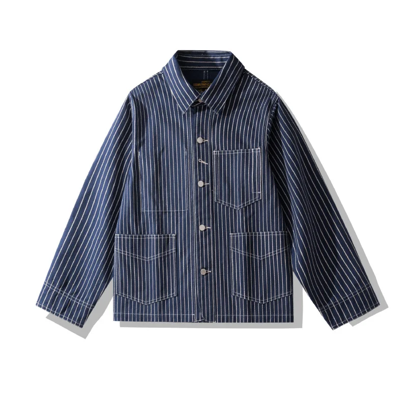Men's Outdoor Cargo Jacket Ami Kaji Striped Denim Multi-Pocket Motorcycle Jacket