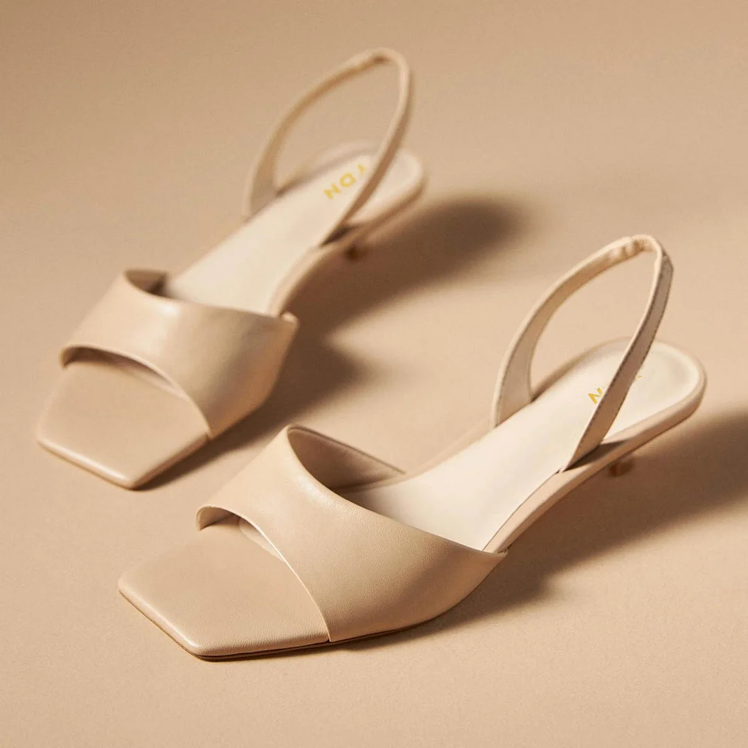 YDN Classic Open Square Toe Slingback Kitten Heels in Nude
