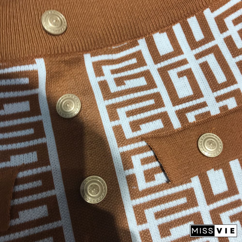 Geometric Knitted Vest Crop Tops Two Piece Skirt Sets