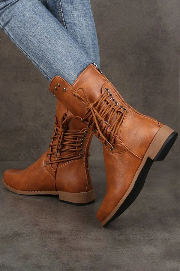 Vintage Faux Leather Studded Lace-Up Mid-Calf Casual Boots