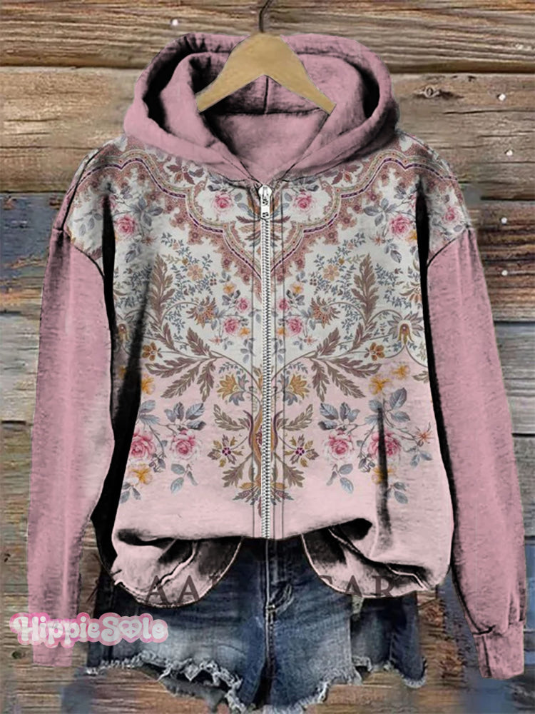 Vintage Floral Art Print Casual Zip-Up Hoodie Multicolor / S