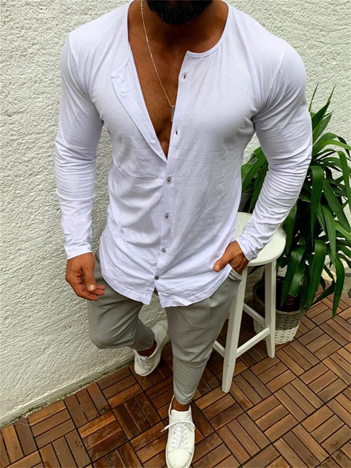 Men's T Shirt Tee Shirt Long Sleeve Shirt Button Down Collar Casual Long Sleeve Button-Down Clothing Apparel Cotton Fashion Lightweight Muscle Big and Tall-Hoverseek
