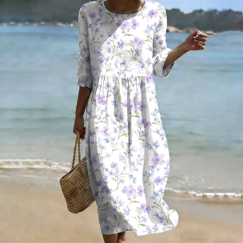 Comstylish Women's Vintage Bohemian Floral Print Round-neck Mid-sleeve Dress
