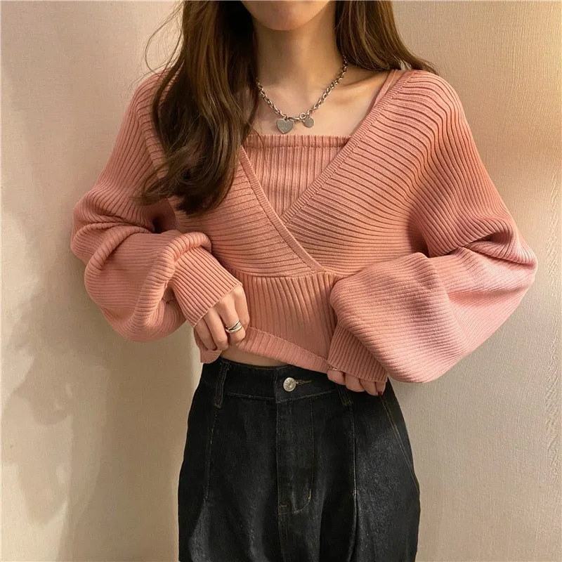 Autumn Elegant Solid Slim Short V Neck White Knitted Tops Bottom Fake Two Pieces Pullover Sweaters Lady Fashion Chic Korea 17394