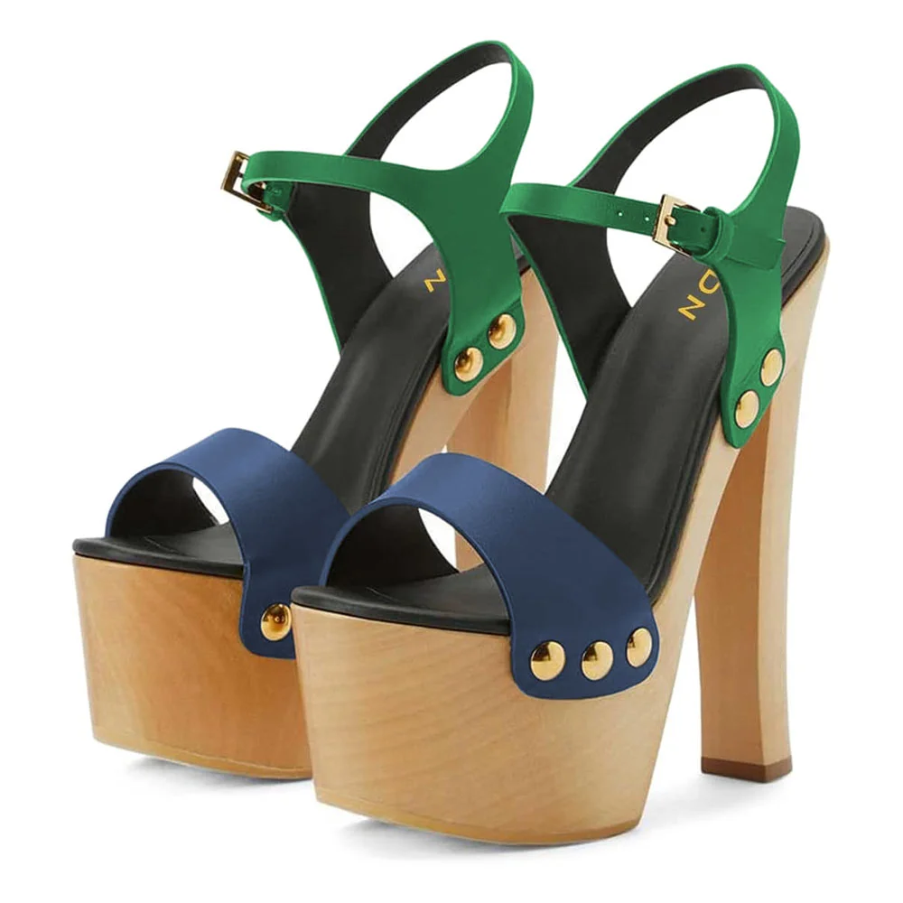 Navy & Green Buckled Ankle Strap Open Toe Platform Heels with Studs
