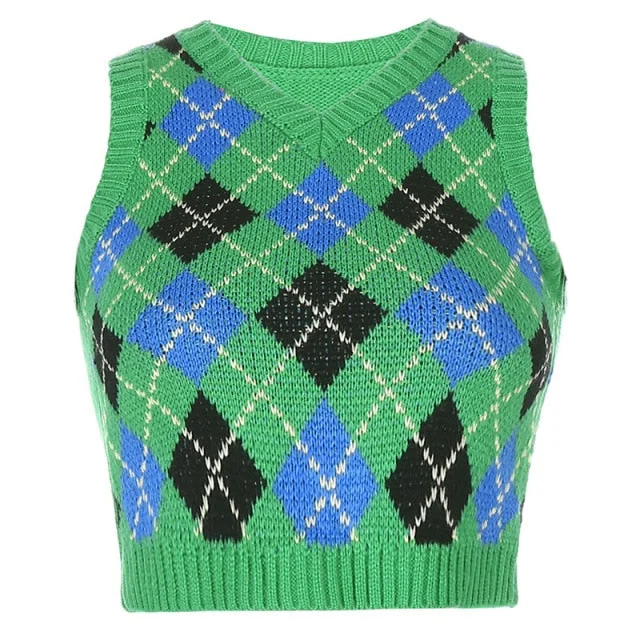 V Neck Vintage Argyle Sweater Vest Women Black Sleeveless Plaid Knitted Crop Sweaters Casual Autumn Preppy Style tops
