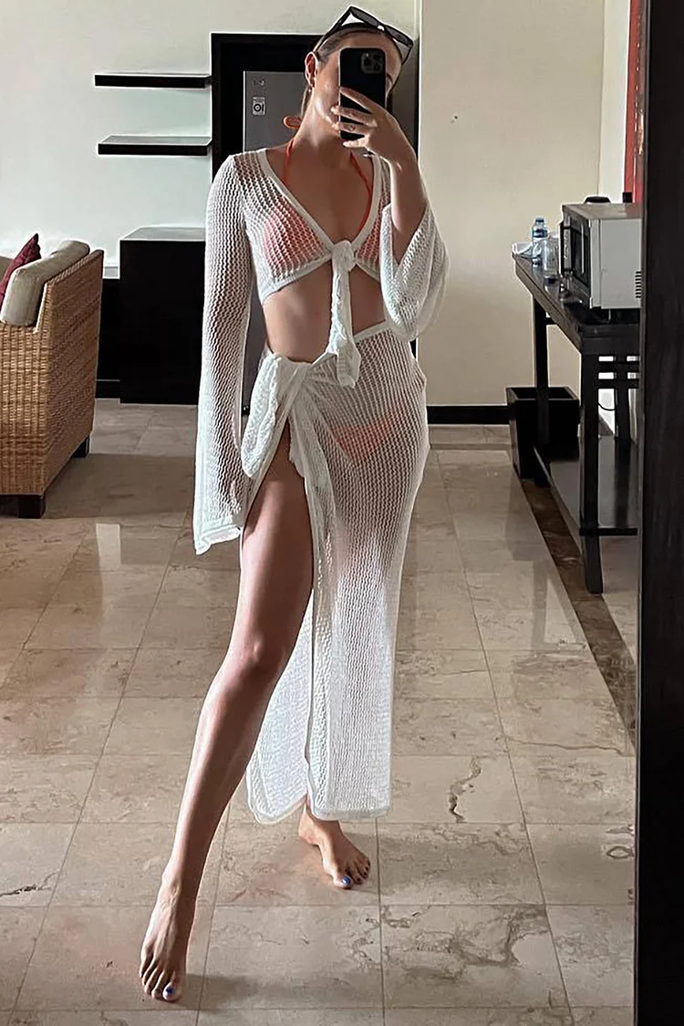 White Twisted V Neck Long Sleeve Crop Top High Slit Maxi Skirt Knit Cover Up Matching Set