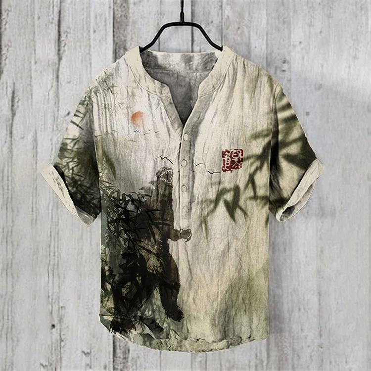 Vintage Ink Godzilla In Bamboo Forest Art  Linen Blend Shirt
