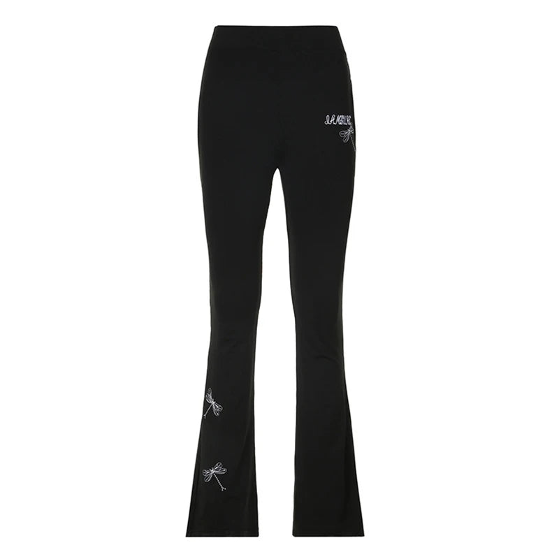 Llyge Women's Y2K Elastic Waist Pants Dragonfly Embroidery Micro Flare Pants Slim Trousers Spring Fall Sweatpants Bottoms llyge