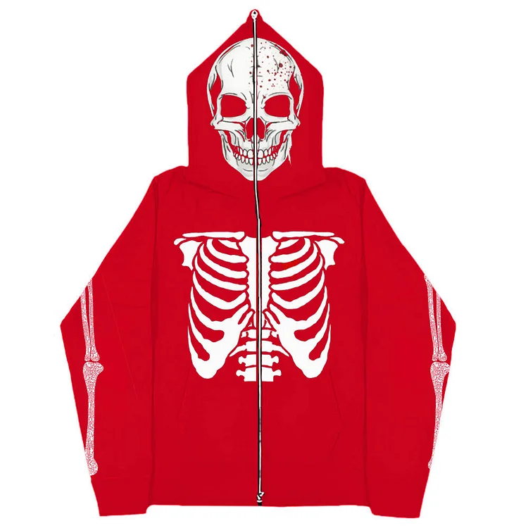 Y2k Skull Print Sweatshirt Hoodie Goth Full Zip Up Hoodie at Hiphopee